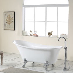 White Oval Soaking Bathtub  with Brushed Nickel Overflow and Drain