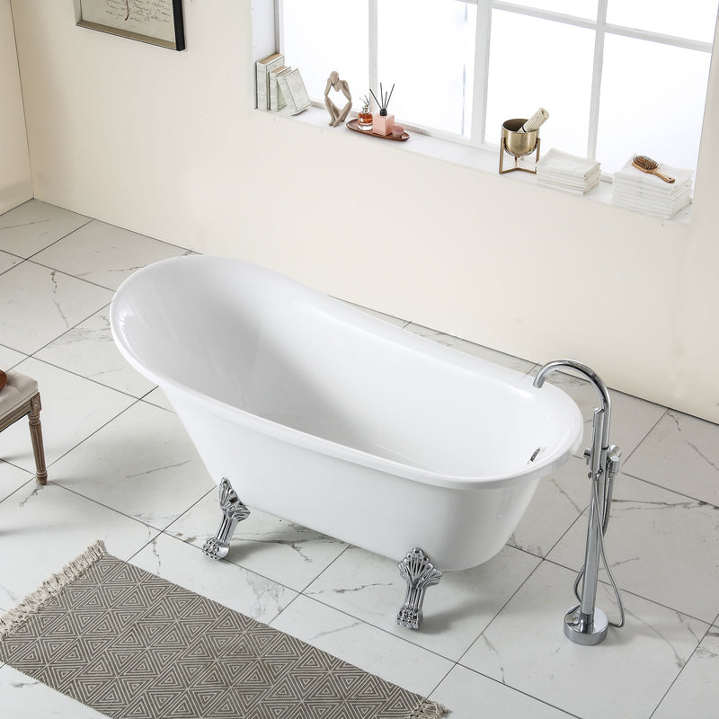White Oval Soaking Bathtub  with Brushed Nickel Overflow and Drain